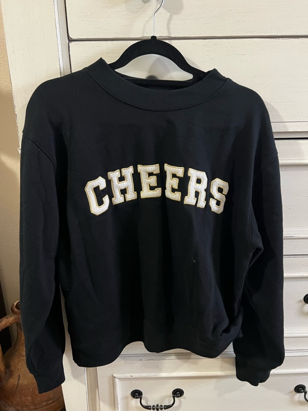 Universal Thread Black Sweatshirt with Gold-Trim 'CHEERS' Appliqué